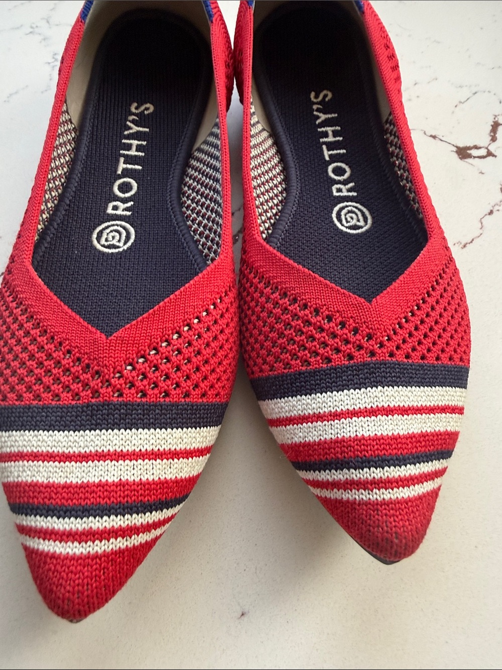 Rothy's Red Pointed Knit Flats with Navy & White Stripes - Picture 3 of 5